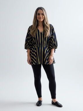L Jason Wu Navy Tunic with Yellow Stripe Peplum Top Blouse